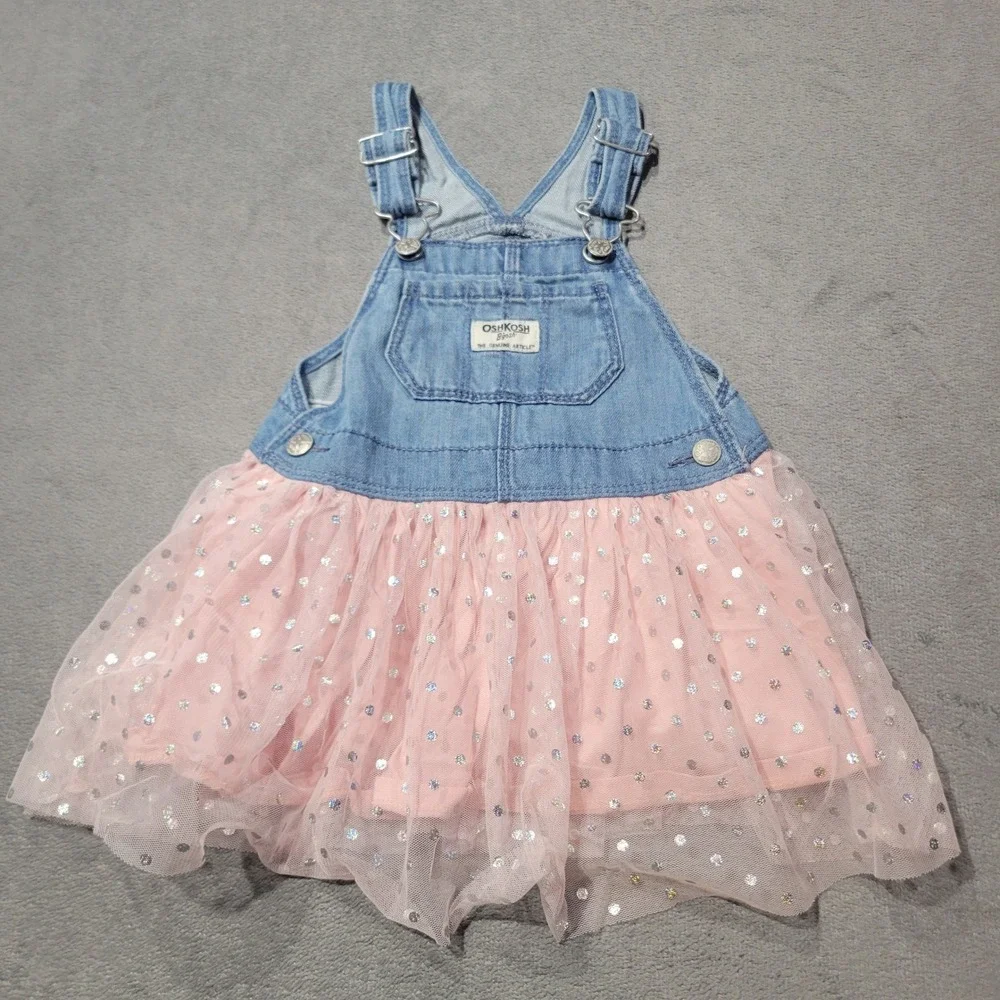 OshKosh B'gosh Jumper Dress Girls 24M Blue‎ Pink Denim Tulle Glitter Polka Dot